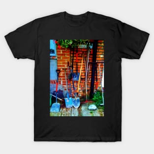 Rakes & Shovels Leaning on a Brick Wall in the Garden T-Shirt